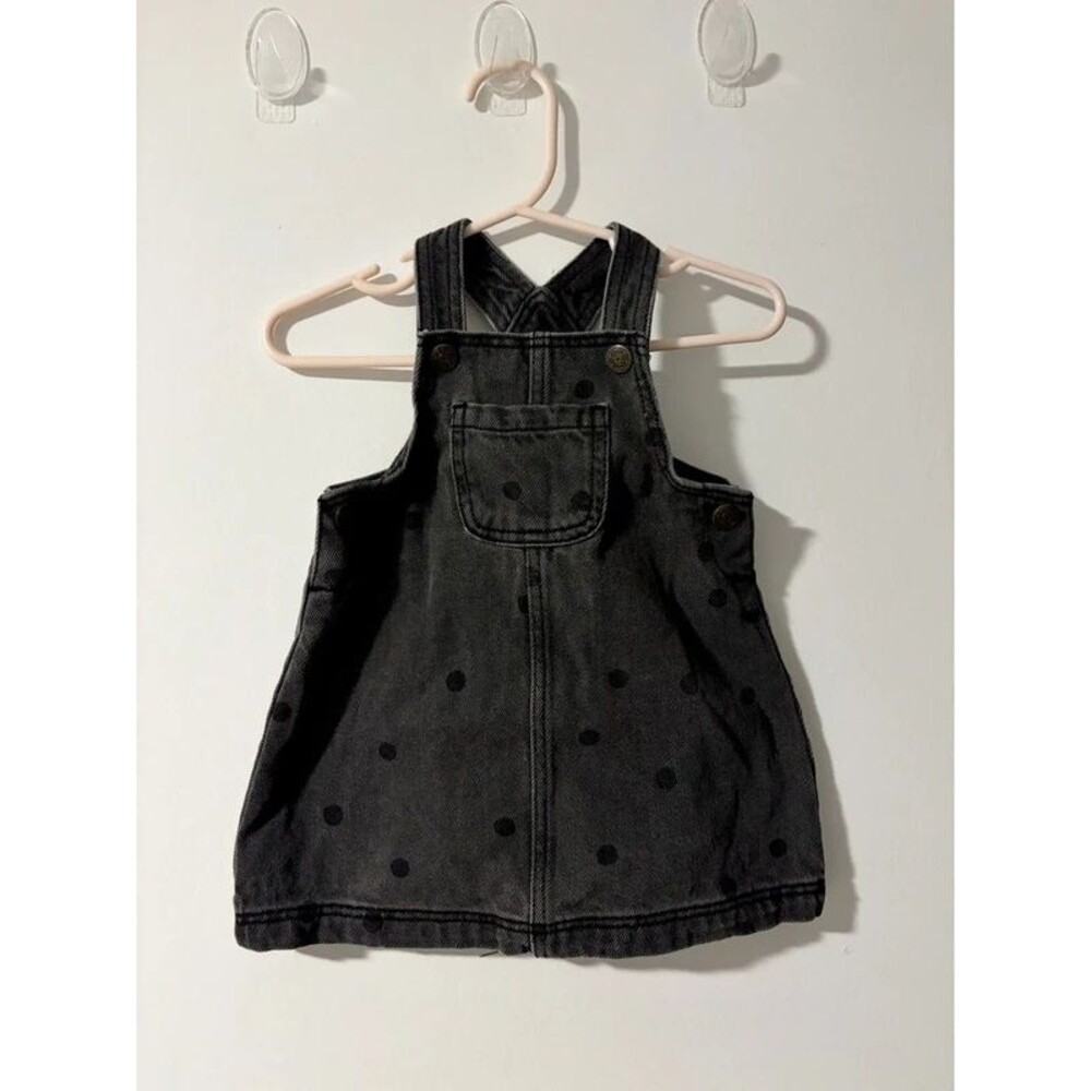 HEMA Baby Girl Black Washed Denim Polka Dot Overall Pinafore Dress Size 9-12M